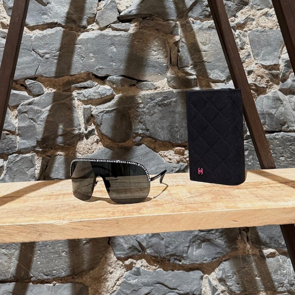 Chanel 2023 Coco Beach Black Shield Logo Sunglasses